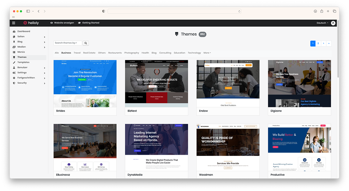 Dieses Bild zeigt eine Übersicht der Templates, die unser Homepage Baukasten zur Verfügung stellt.